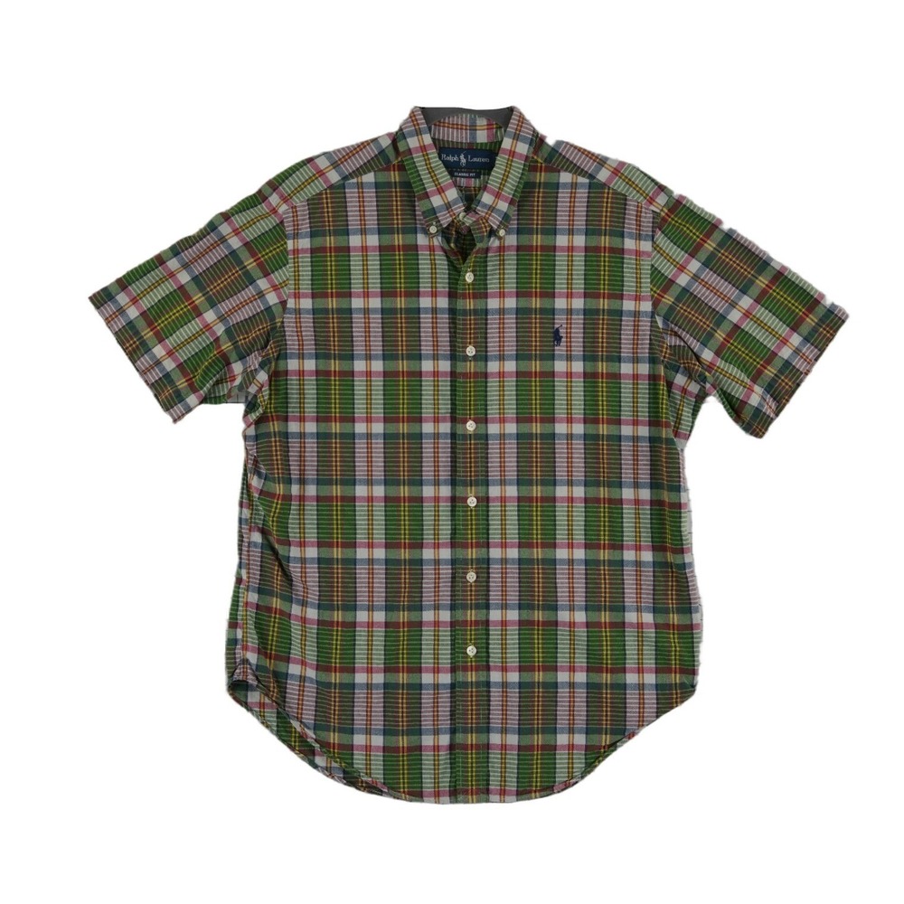 Ralph Lauren Green Plaid Button Down Shirt Men's Size Large Pony 100% Cotton S/S